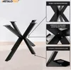 A black metal table base with an X-shaped design, shown from the side and with close-up insets highlighting its construction and features. Voir les images du produit