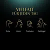 Marketing image showing stylized outlines of different poultry and a duck, with German text. Produktbild-Vorschau