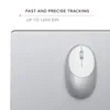 A close-up shot of a silver and white wireless mouse on a light gray surface, with marketing text above. Produktbild-Vorschau