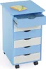 A light blue rolling storage cabinet with drawers and a tilted top surface. A yellow notepad and a green clip are on the top surface. Náhled obrázku produktu