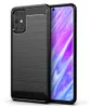 A black smartphone case with a carbon fiber texture on the top and bottom is shown against a white background. The phone screen is visible, displaying a colorful abstract image.