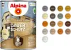 A can of Alpina wood stain for exterior use, with a display of various color swatches. Produktbild-Vorschau