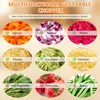 A collage of images showing different vegetables and fruits that can be chopped by a multifunctional vegetable chopper, with checkmarks indicating suitability and crosses indicating unsuitability. Náhled obrázku produktu