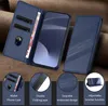 A blue wallet phone case is displayed open and closed, with close-up shots highlighting its features. Produktbild-Vorschau