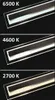 Three images of a linear light fixture, each displaying a different color temperature. Produktbild-Vorschau