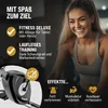 A woman is smiling while exercising on a home trainer. Text overlays describe the product's features and benefits. Produktbild-Vorschau