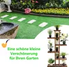 A garden scene with a pathway and a plant stand filled with plants, accompanied by German text. Produktbild-Vorschau