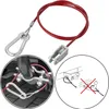 A collage of images showing a red safety cable for trailers and caravans, with close-ups of its attachment points and an illustration of its use. Produktbild-Vorschau