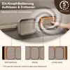 Close-up of an air mattress pump with a finger pressing a button, and three detailed diagrams showing different pump functions. Produktbild-Vorschau