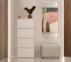 A modern entryway with a white cabinet, a decorative vase with dried flowers, a framed abstract painting, and a light gray ottoman. Náhľad obrázku produktu