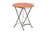 A round wooden table with a metal folding base, shown against a white background.