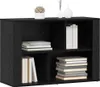 A black wooden sideboard with multiple shelves, displaying books and decorative items. Produktbild-Vorschau