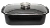 A black roasting pan with a glass lid and silver handles, shown from a front-side angle on a white background. Produktbild-Vorschau