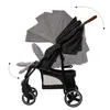 A black baby stroller with a gray canopy is shown against a white background. Dotted arrows indicate adjustable parts of the stroller. Produktbild-Vorschau