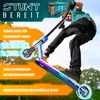 A person performing a stunt on a scooter with promotional text overlays. Produktbild-Vorschau