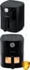 Two black air fryers are shown against a white background. The bottom air fryer has food inside and a golden shield icon in the corner. Anteprima dell’immagine prodotto