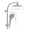 A diagram showing the dimensions of a shower system, including a rainfall showerhead and a handheld showerhead. Podgląd zdjęcia produktu