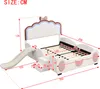 A diagram showing the dimensions of a children's bed with a slide and a headboard shaped like a shell with a bow. Podgląd zdjęcia produktu