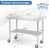 A stainless steel work table with dimensions indicated by text overlays. Náhľad obrázku produktu