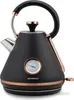 A black electric kettle with copper accents and a built-in thermometer. Voir les images du produit