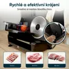 A slicer with tomatoes, and three examples of sliced meat with thickness labels (5mm, 10mm, 15mm). Náhled obrázku produktu