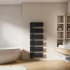 A modern bathroom with a freestanding bathtub, a black towel warmer, and a vanity with a sink and shelves. Anteprima dell’immagine prodotto