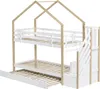 A white and natural wood bunk bed with a pull-out trundle bed and stairs, set against a white background. Produktbild-Vorschau