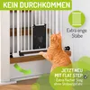 An orange cat is looking at a white pet gate with a small opening, installed on a staircase. Produktbild-Vorschau