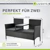 A black rattan garden bench with a table and cushions, with dimensions and text overlays. Náhľad obrázku produktu