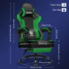 A gaming chair with dimensions and specifications overlaid. Produktbild-Vorschau