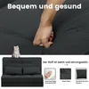 A hand pressing into a dark gray sofa cushion, with a small cat figurine sitting on the backrest of the sofa in the lower left corner. The bottom part of the image shows a folded sofa with two pillows. Produktbild-Vorschau