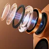 An exploded view of a camera lens assembly, showing multiple glass lenses and a black ring, with blue light rays passing through them, set against a brown background. The assembly is part of a gold-colored device. Anteprima dell’immagine prodotto