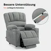 A gray recliner chair with a footrest extended, showing a close-up of the extended footrest and text highlighting its features. Produktbild-Vorschau