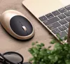 A gold and black computer mouse is placed on a wooden desk next to a laptop keyboard and a potted plant. Produktbild-Vorschau