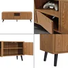 A collage of four images showing different views of a wooden TV stand. Produktbild-Vorschau