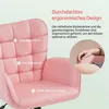Close-up of a pink ergonomic office chair with descriptive text and a circular inset showing a person's arm resting on the armrest. Podgląd zdjęcia produktu