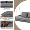 A collage of images showing details of a gray garden swing set with cushions. Produktbild-Vorschau