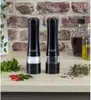 A set of two electric salt and pepper grinders are displayed on a wooden countertop, with fresh herbs and chili peppers in the foreground and bottles of oil and syrup in the background. Náhled obrázku produktu