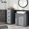 A bathroom setting with two pieces of furniture: a tall cabinet with drawers and a vanity cabinet with doors, both in gray. A sink is on top of the vanity, and a mirror is above it. There is also a shower area visible on the left. Produktbild-Vorschau