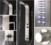 A collage of images showing different features and angles of a modern shower panel system. Podgląd zdjęcia produktu