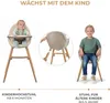 A collage showing a baby in a high chair, a close-up of the chair's leg being attached, and a toddler sitting in the converted chair. Produktbild-Vorschau