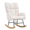 A white teddy fabric rocking chair with a black metal frame and wooden rockers, shown from the front. Podgląd zdjęcia produktu