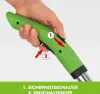A hand is shown holding a green handle of a tool, with arrows indicating two buttons. Produktbild-Vorschau