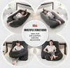 A collage of four images showing a woman using a large U-shaped pillow in different positions on a bed, with a central circular graphic highlighting its functions. Náhled obrázku produktu