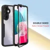 A phone case with a built-in screen protector is displayed with marketing text. Produktbild-Vorschau