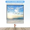 A projection screen displaying a scenic ocean view with seagulls, with a hand reaching up from below. Voir les images du produit