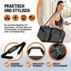 A woman is shown carrying a duffel bag, with various features of the bag highlighted in separate close-up shots. Produktbild-Vorschau
