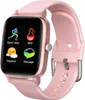 A pink smartwatch with a black screen displaying various app icons. Voir les images du produit