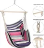 A striped hanging chair with a pillow, shown with close-up detail shots of its construction. Podgląd zdjęcia produktu