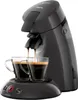 A black Senseo coffee machine is brewing coffee into two clear glass cups. Produktbild-Vorschau